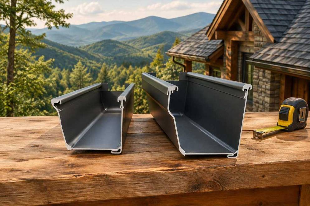 Generated illustration of two differently sized dark gutter samples on a mountain-home porch workbench