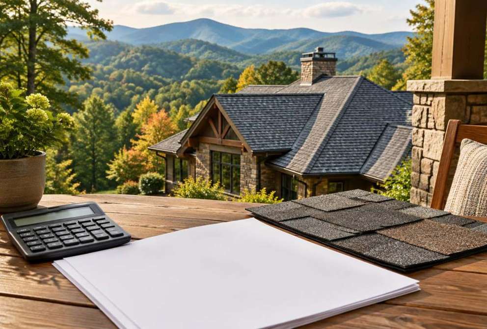 Generated illustration of blank insurance documents, calculator and shingle sample overlooking a mountain home