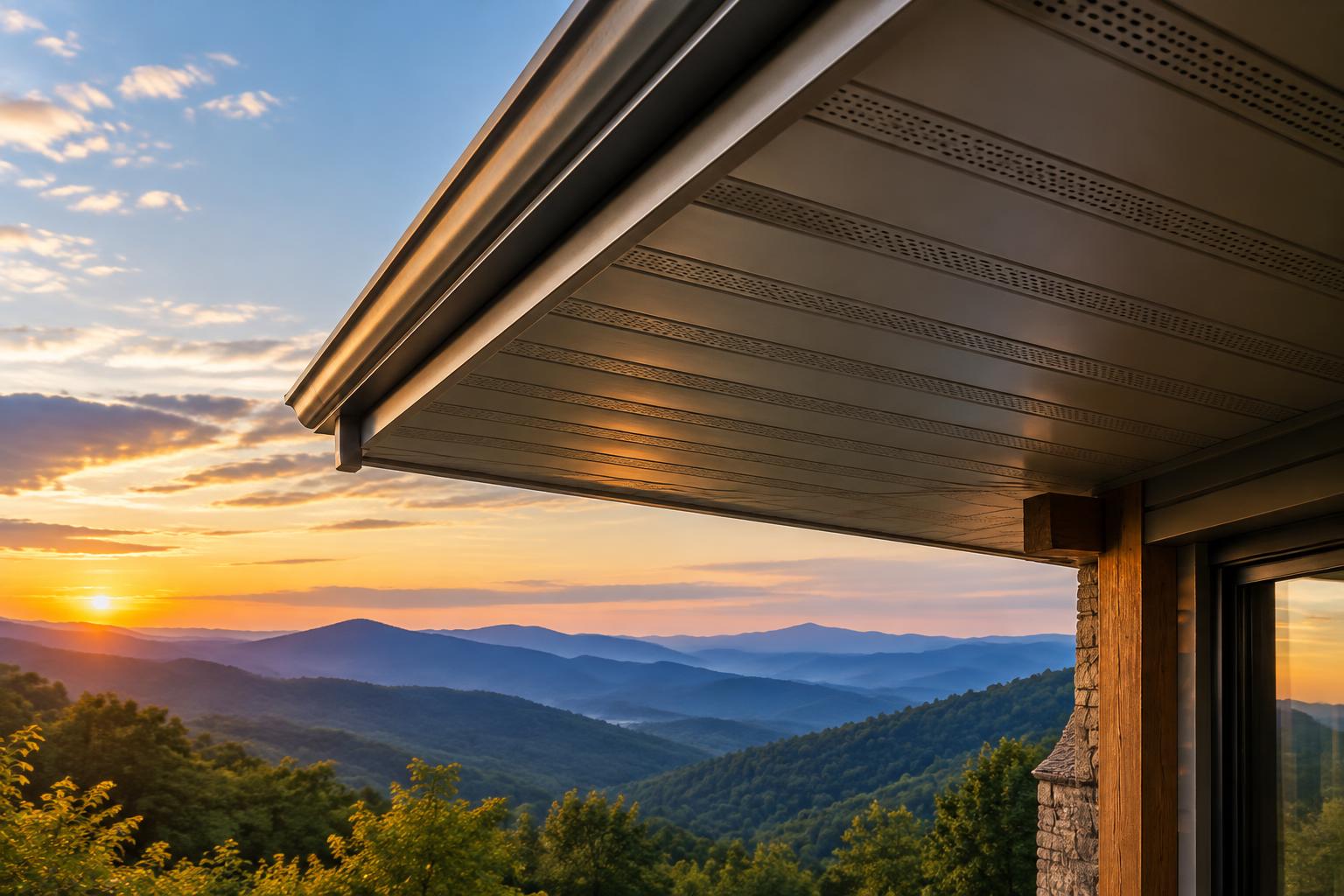 Generated illustration of vented aluminum soffit panels under a deep roof overhang on a mountain home at sunset in the Blue Ridge Mountains