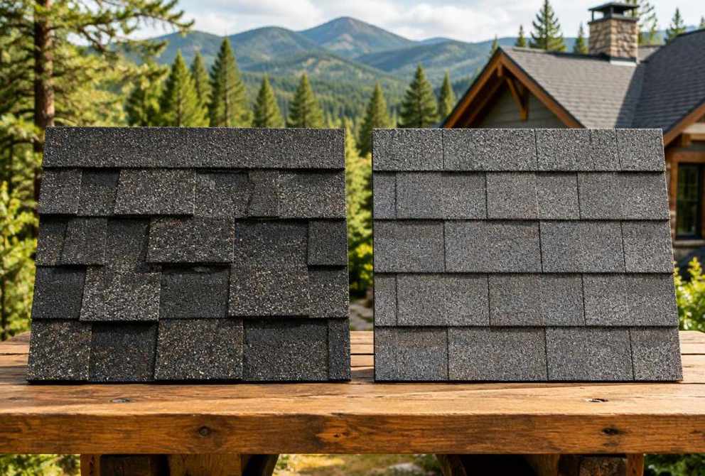 Generated illustration of layered dimensional and flat three-tab shingle samples on a workbench