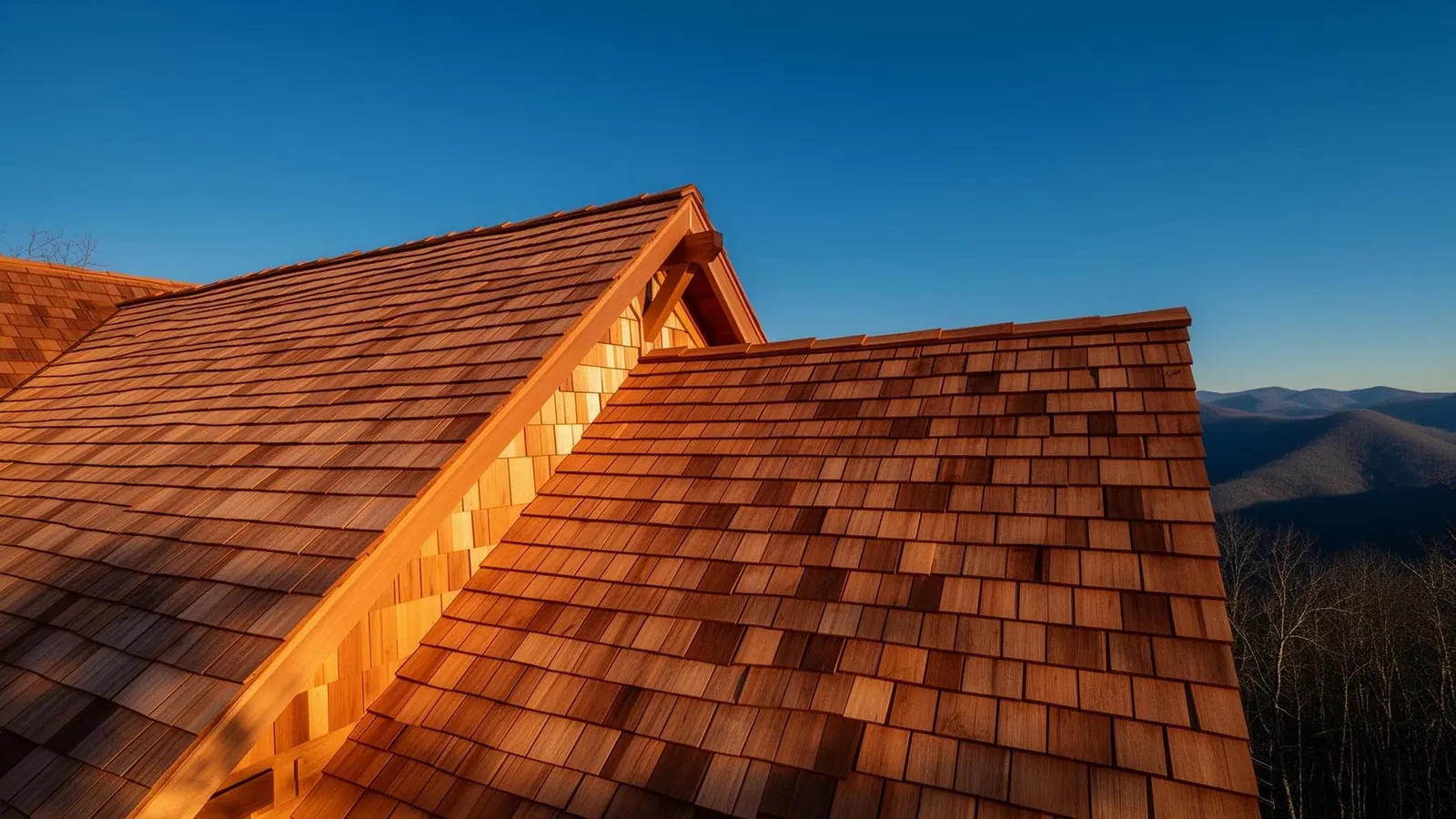 Cedar shake roof with copper ridge detailing on an estate home in Highlands, North Carolina