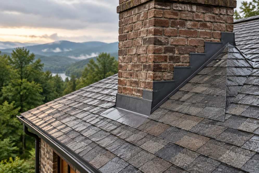 Step flashing and counterflashing around a brick chimney on a Western North Carolina mountain home