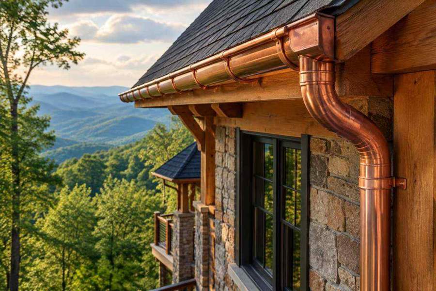 Generated illustration of copper half-round gutters and a downspout along a timber-and-stone mountain home