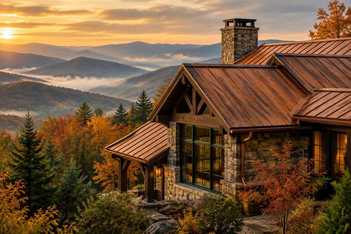 Generated illustration of a standing seam copper roof on a stone and timber mountain home above misty Blue Ridge ridges in autumn