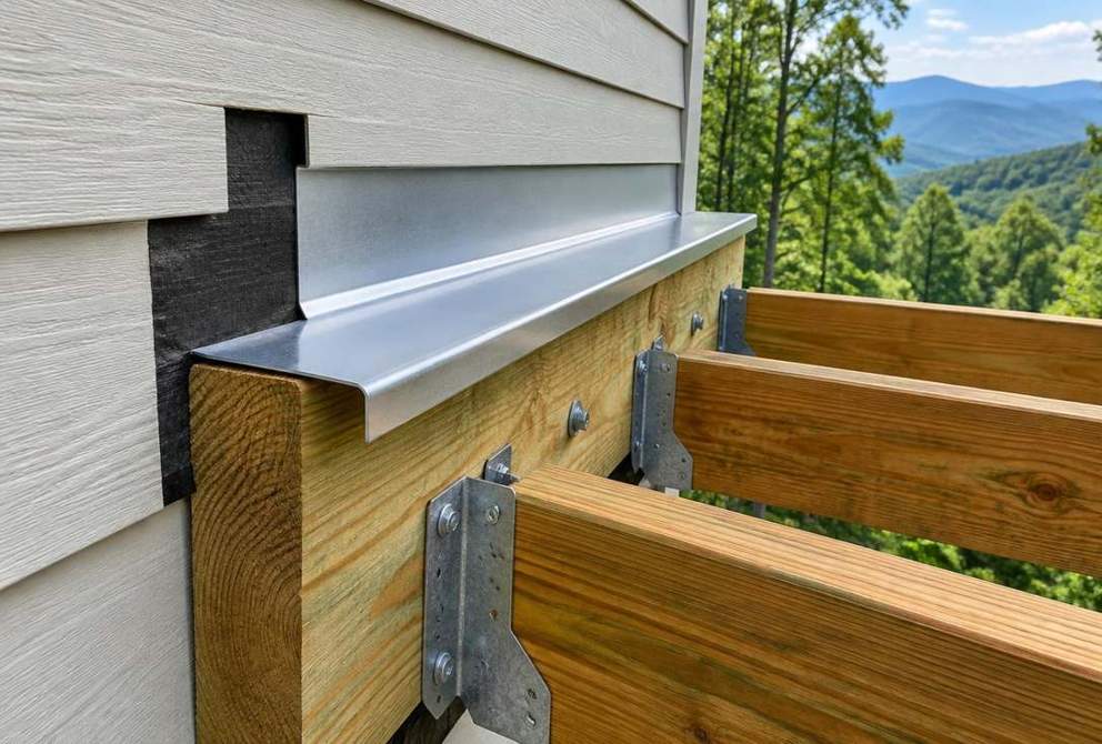 Generated illustration of metal cap flashing and waterproof membrane above a timber deck ledger