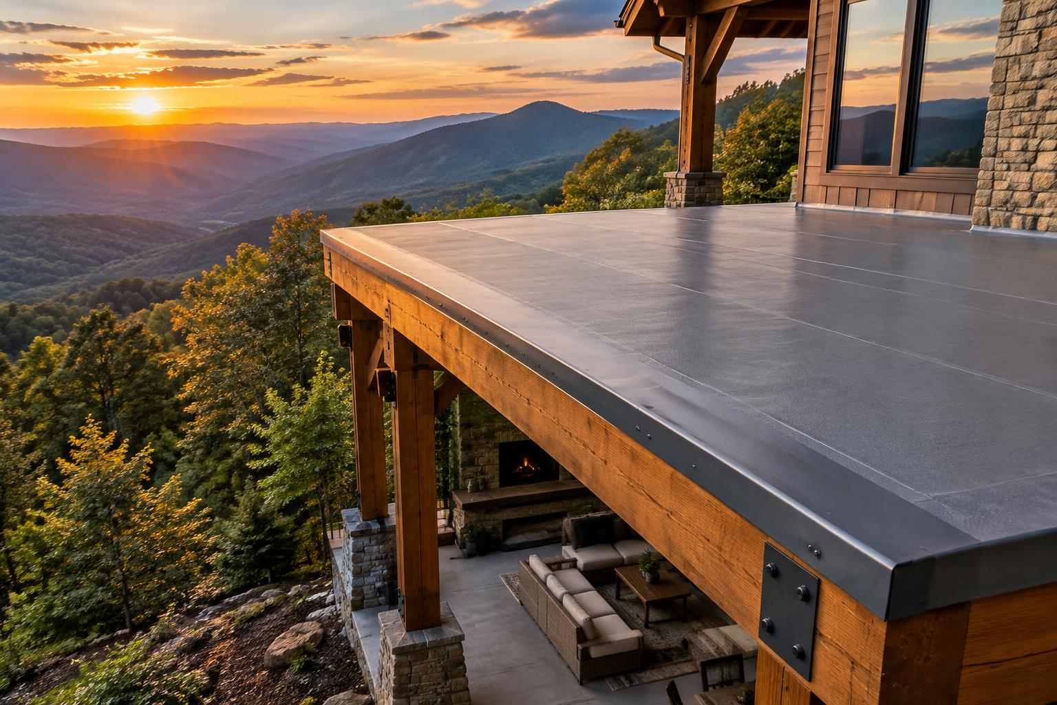Generated illustration of an elevated mountain-home deck finished with a gray waterproofing membrane and metal edge flashing above a dry covered patio