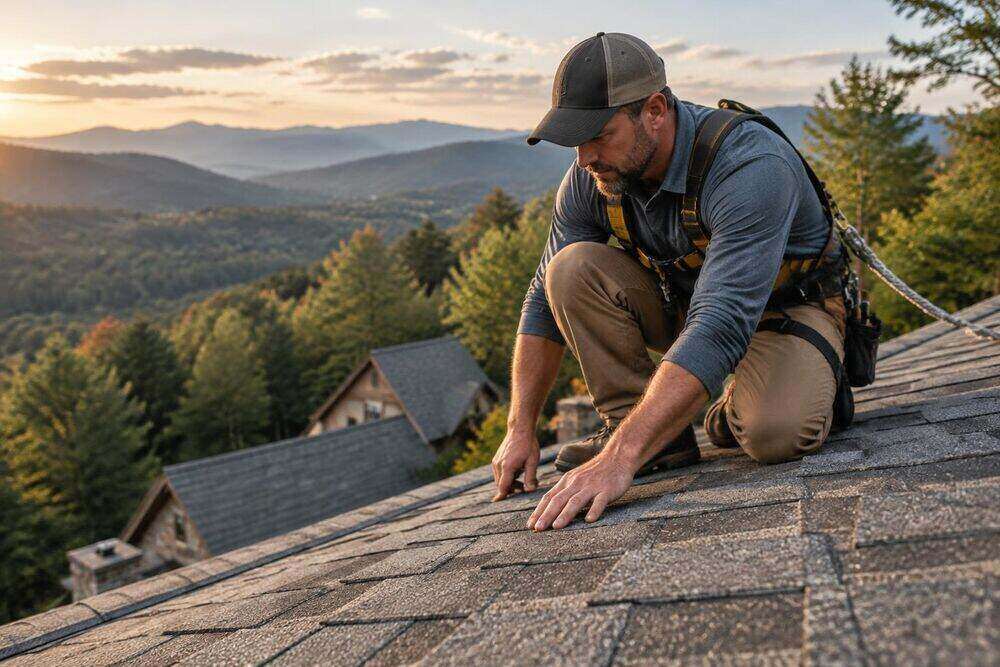 Roofing professional inspecting dimensional shingles on a Western North Carolina mountain home