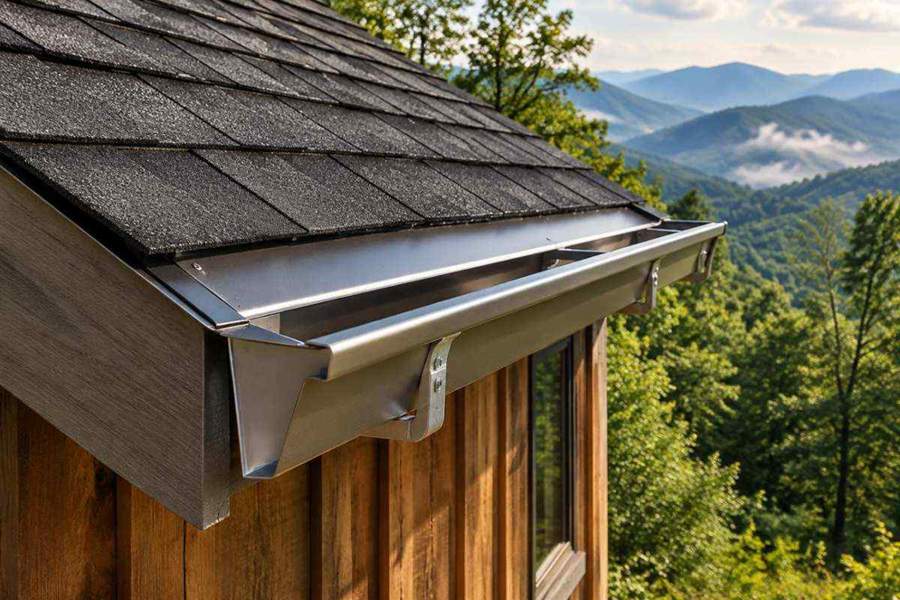 Generated illustration of roof-edge flashing directing runoff into a gutter on a timber mountain home