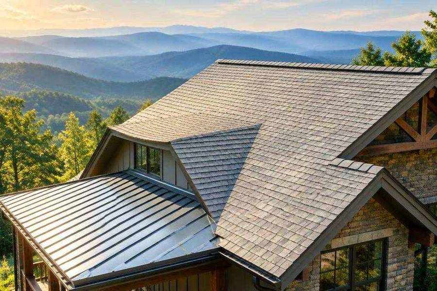 Generated illustration of a light dimensional shingle roof and standing seam metal roof on a mountain home in the Blue Ridge