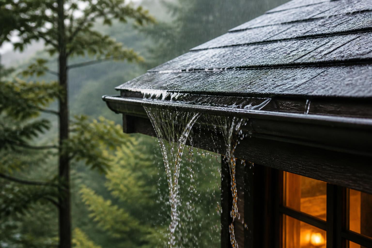 Rainwater overflowing the front edge of an undersized gutter on a Western North Carolina mountain home