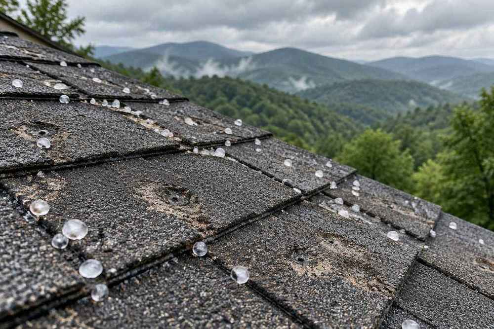 Hail damaged dimensional shingle roof with granule loss on a Western North Carolina mountain home