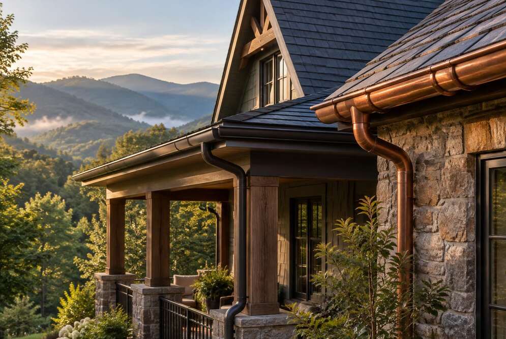 K-style aluminum and copper half-round gutters on a Western North Carolina mountain home