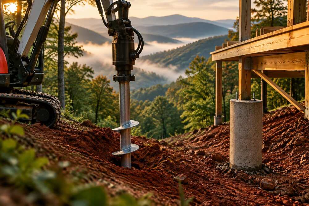 Generated illustration of a helical pier being installed beside a concrete pier under a deck on a steep Blue Ridge lot