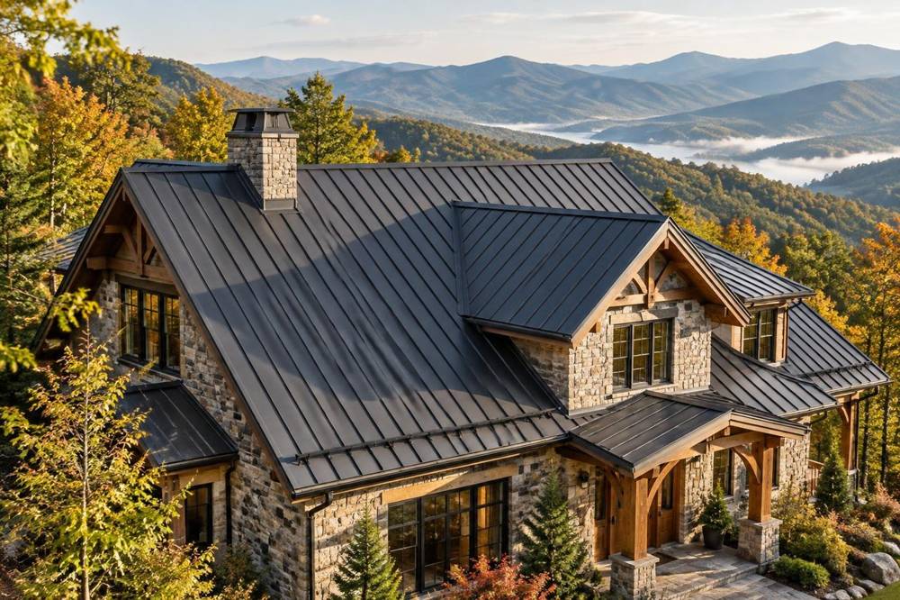 Illustration of a mountain home with a charcoal standing seam metal roof and snow retention rails above forested Blue Ridge ridges
