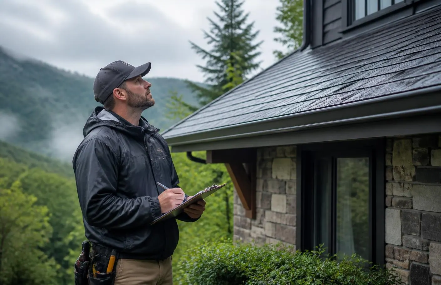 Roofing professional standing on the ground beside a mountain home, looking up at a wet shingle roof and taking notes