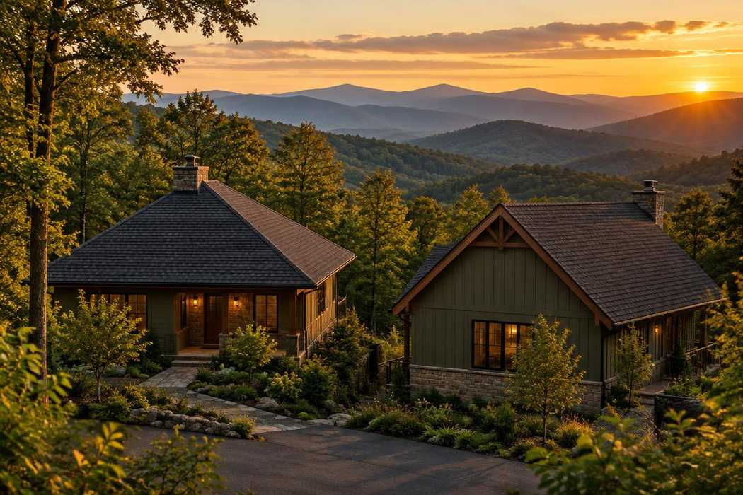 Generated illustration of a hip roof home beside a gable roof home on a Blue Ridge Mountain ridge at sunset