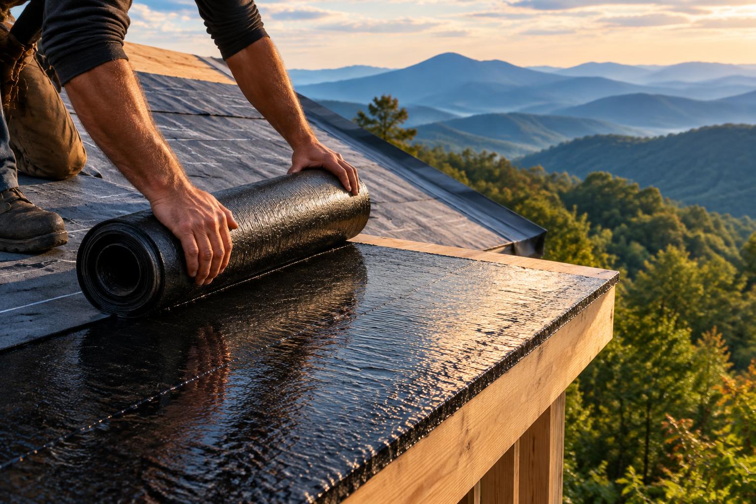 Generated illustration of a roofer unrolling black self-adhering ice and water shield membrane along the eave of a mountain home roof deck