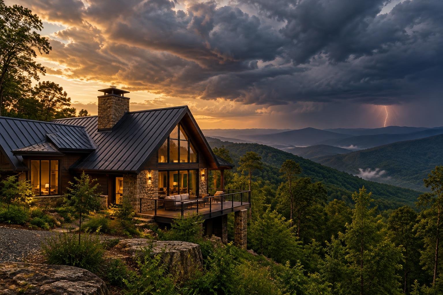 Generated illustration of a mountain home with a dark standing seam metal roof under storm clouds, with distant lightning over the Blue Ridge Mountains