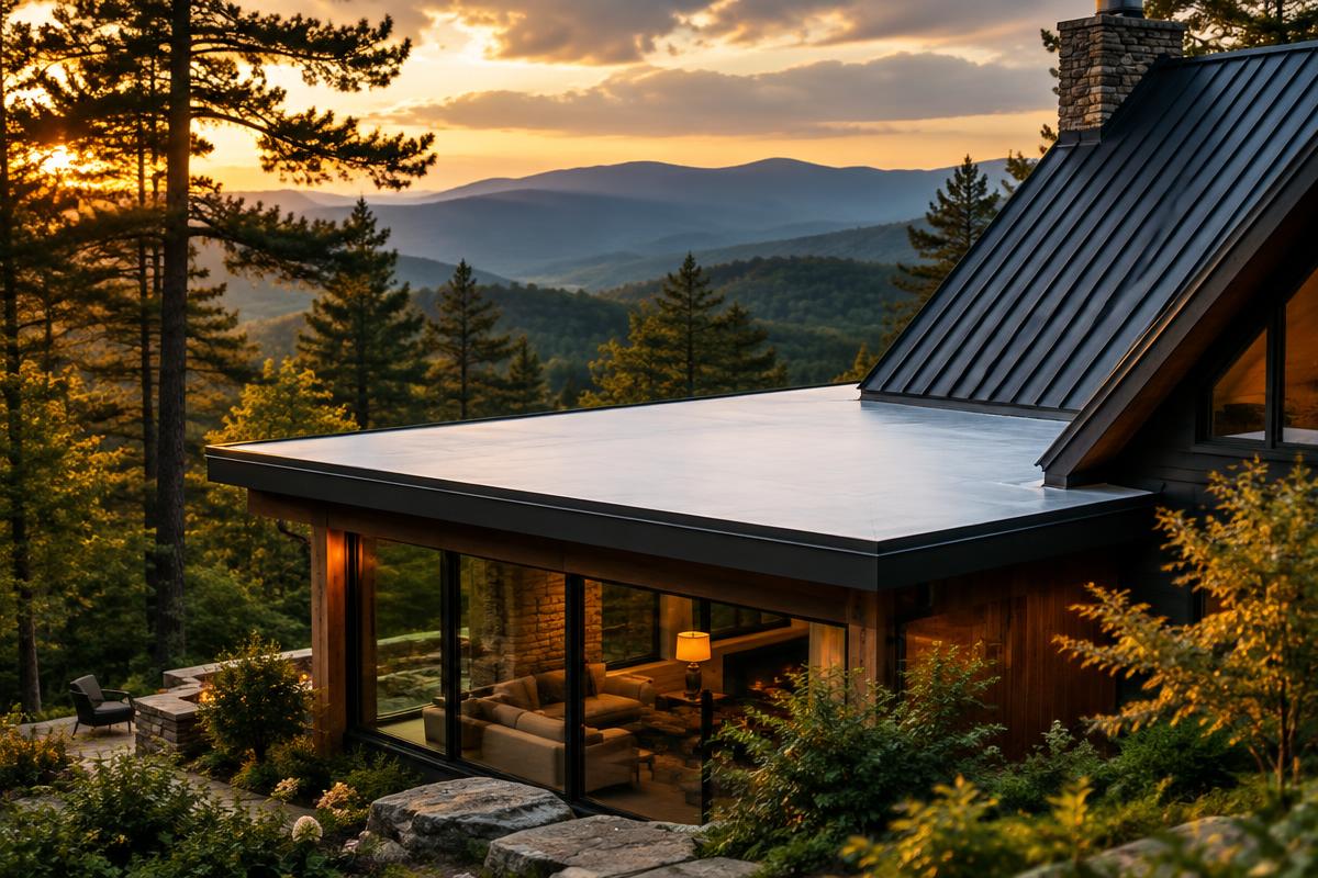 Generated illustration of a mountain home addition with a low-slope membrane roof beside a steep standing seam metal roof at sunset in the Blue Ridge Mountains