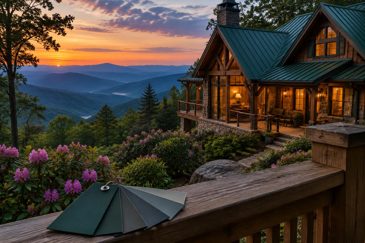 Generated illustration of a timber mountain home with a forest green standing seam metal roof at dusk, with metal color sample chips on the porch rail
