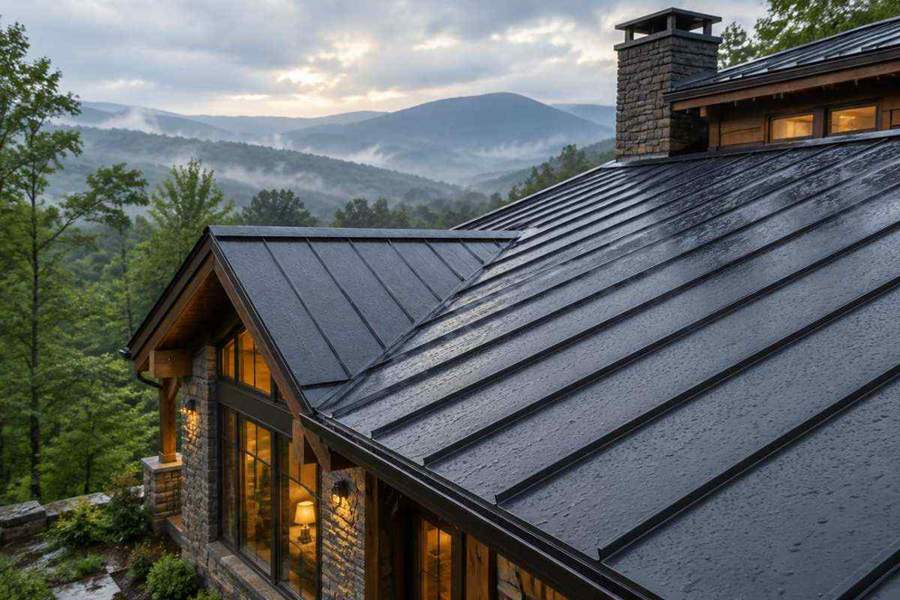 Generated illustration of rain droplets on a standing seam metal roof with misty mountain ridges beyond