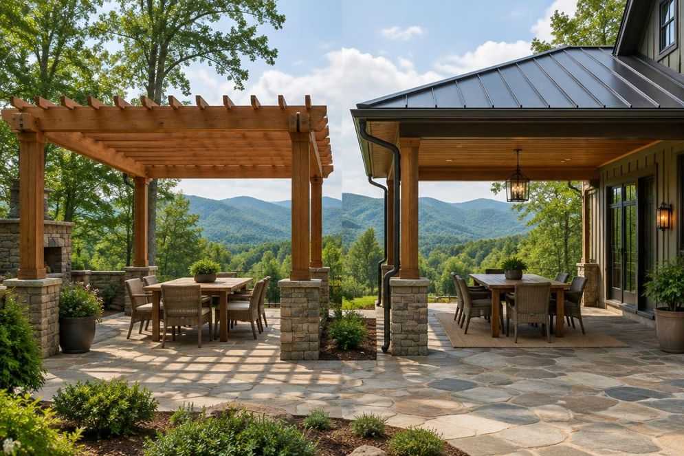 Generated illustration comparing an open wood pergola and a solid-roof covered patio at a mountain home