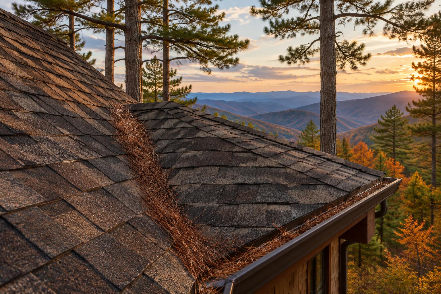 Generated illustration of pine needles collected in a dimensional shingle roof valley and gutter beneath tall pines in the Blue Ridge Mountains