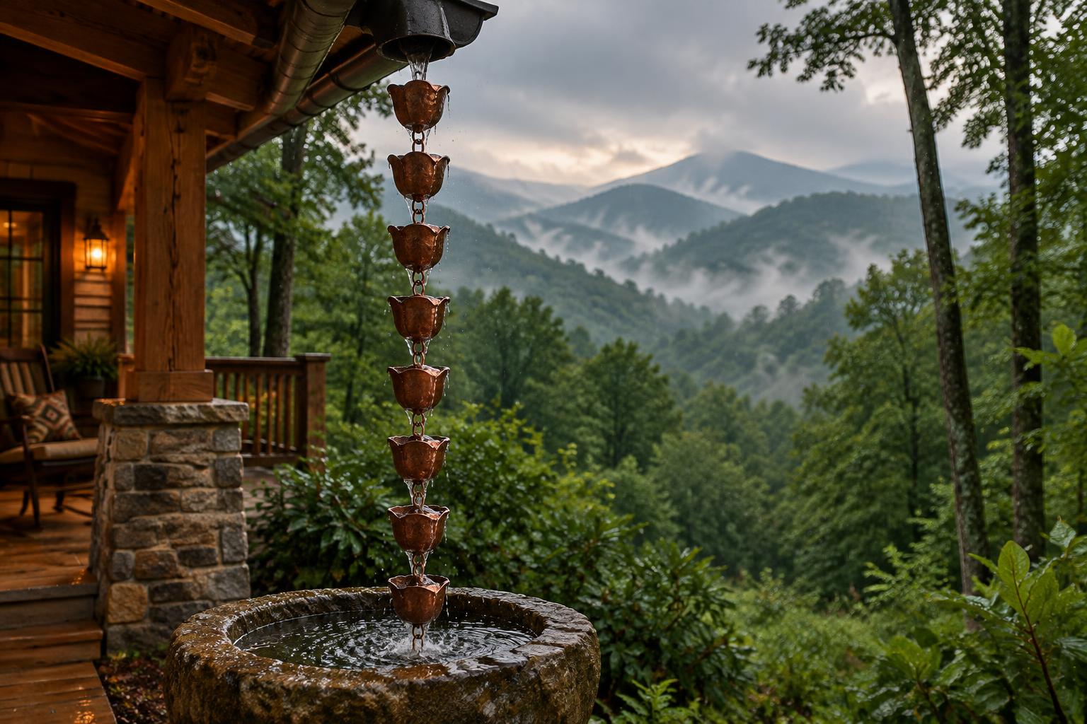 Generated illustration of a copper rain chain with cupped links running into a stone basin on a mountain home porch, with misty Blue Ridge ridges behind