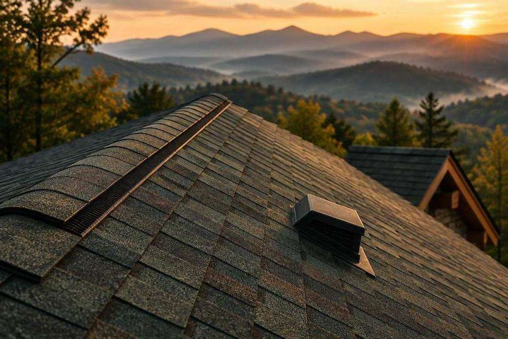 Generated illustration of a continuous ridge vent and a box vent on a shingle roof above the Blue Ridge Mountains