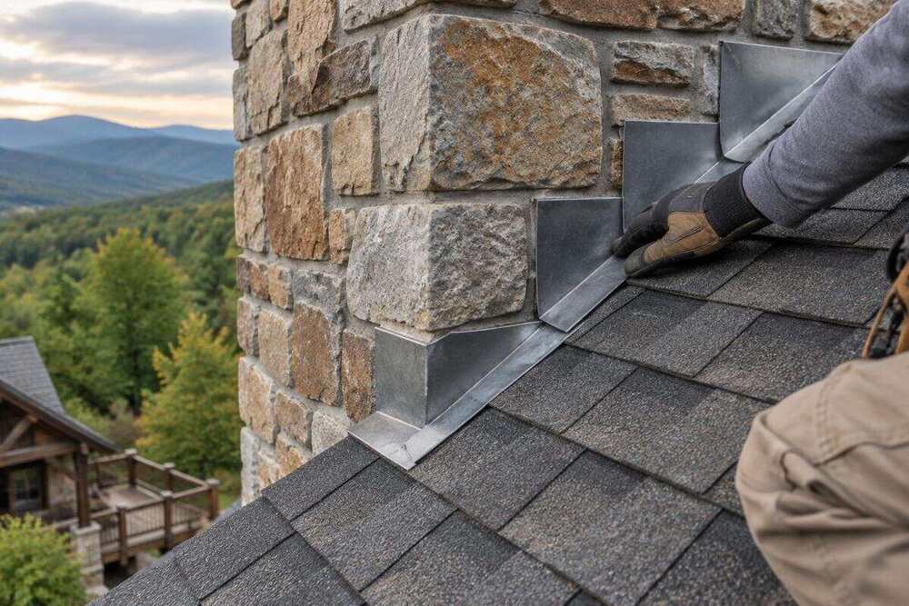Roofer inspecting metal step flashing beside a stone chimney on a Western North Carolina mountain home
