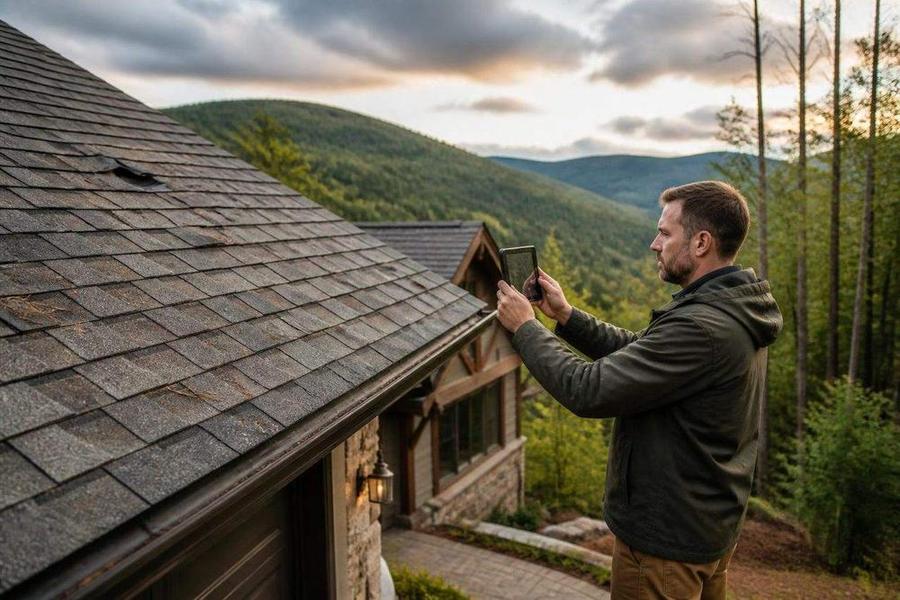 Roof inspector documenting dimensional shingle storm damage at a Western North Carolina mountain home