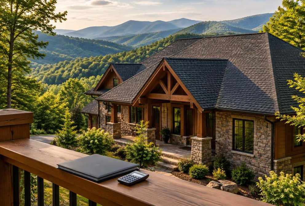 Generated illustration of a mountain home with a new shingle roof and a folder of improvement records