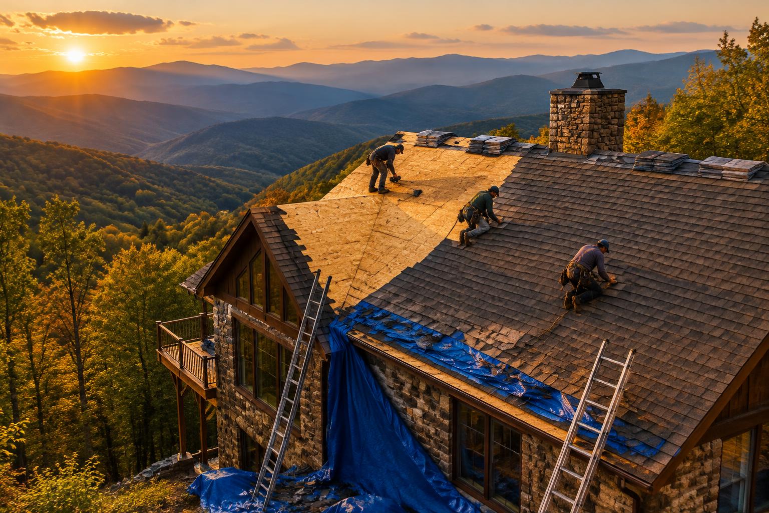 Generated illustration of a roofing crew replacing a steep mountain home roof at sunset in the Blue Ridge Mountains, with half the deck exposed