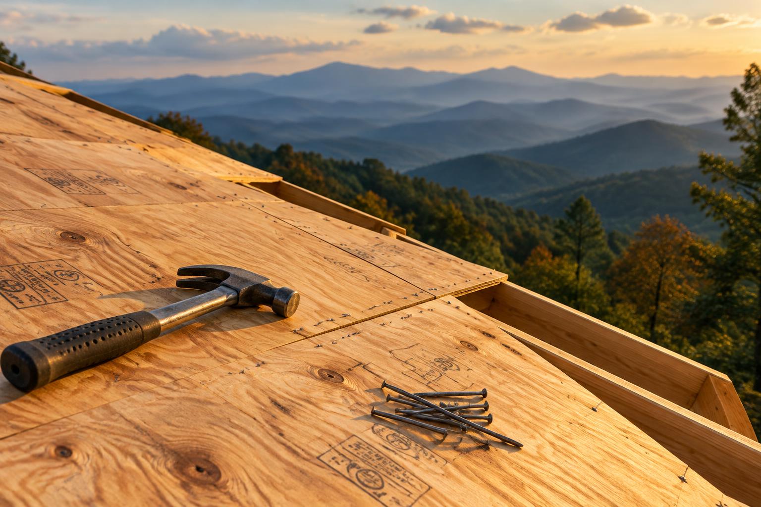 Generated illustration of plywood roof sheathing panels with grade stamps nailed over rafters on a mountain home, with a hammer and nails nearby
