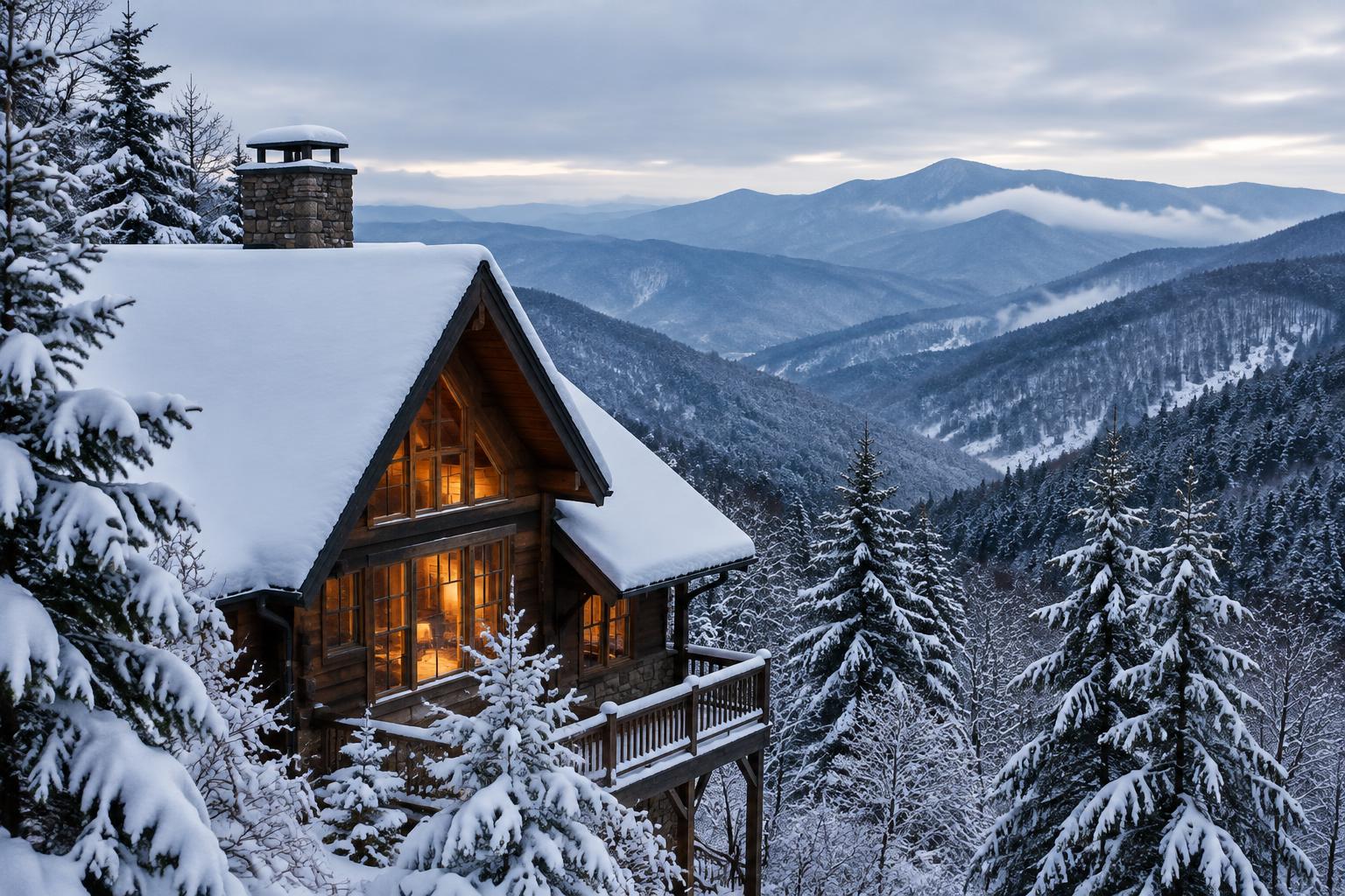 Generated illustration of a timber mountain home roof carrying a thick blanket of snow among snow-laden evergreens in the Blue Ridge Mountains