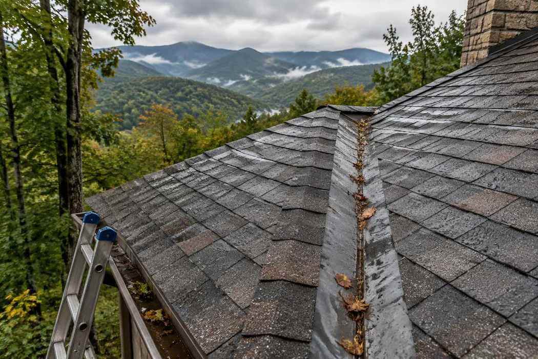 Rain-wet dimensional shingle roof valley with leaf debris on a Western North Carolina mountain home