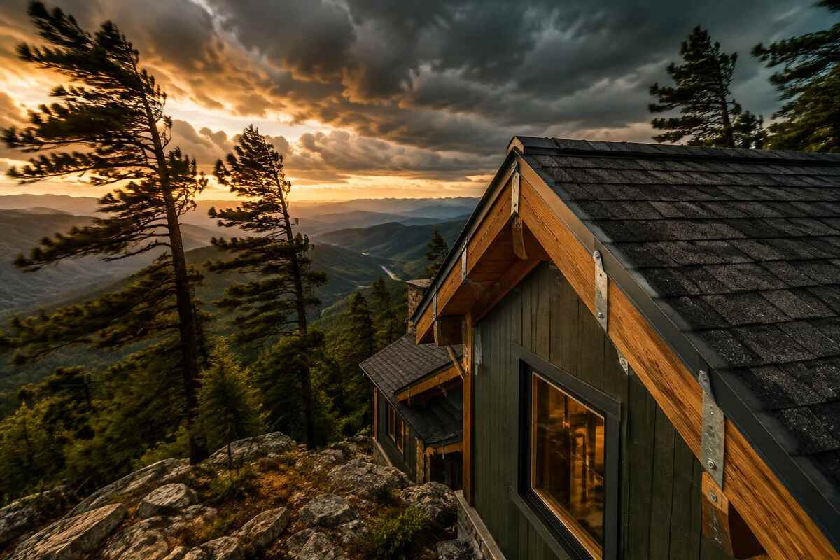 Generated illustration of a mountain home roof with metal roof-to-wall straps on a windy Blue Ridge ridgeline at sunset