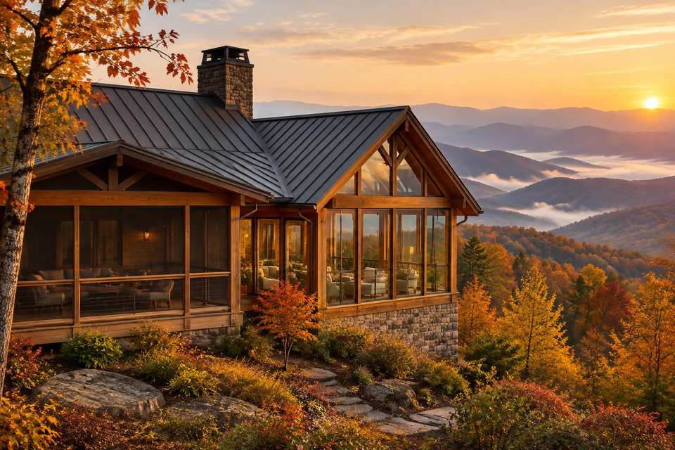 Generated illustration of a mountain timber home with a screened porch beside a glass sunroom above Blue Ridge ridges at sunset