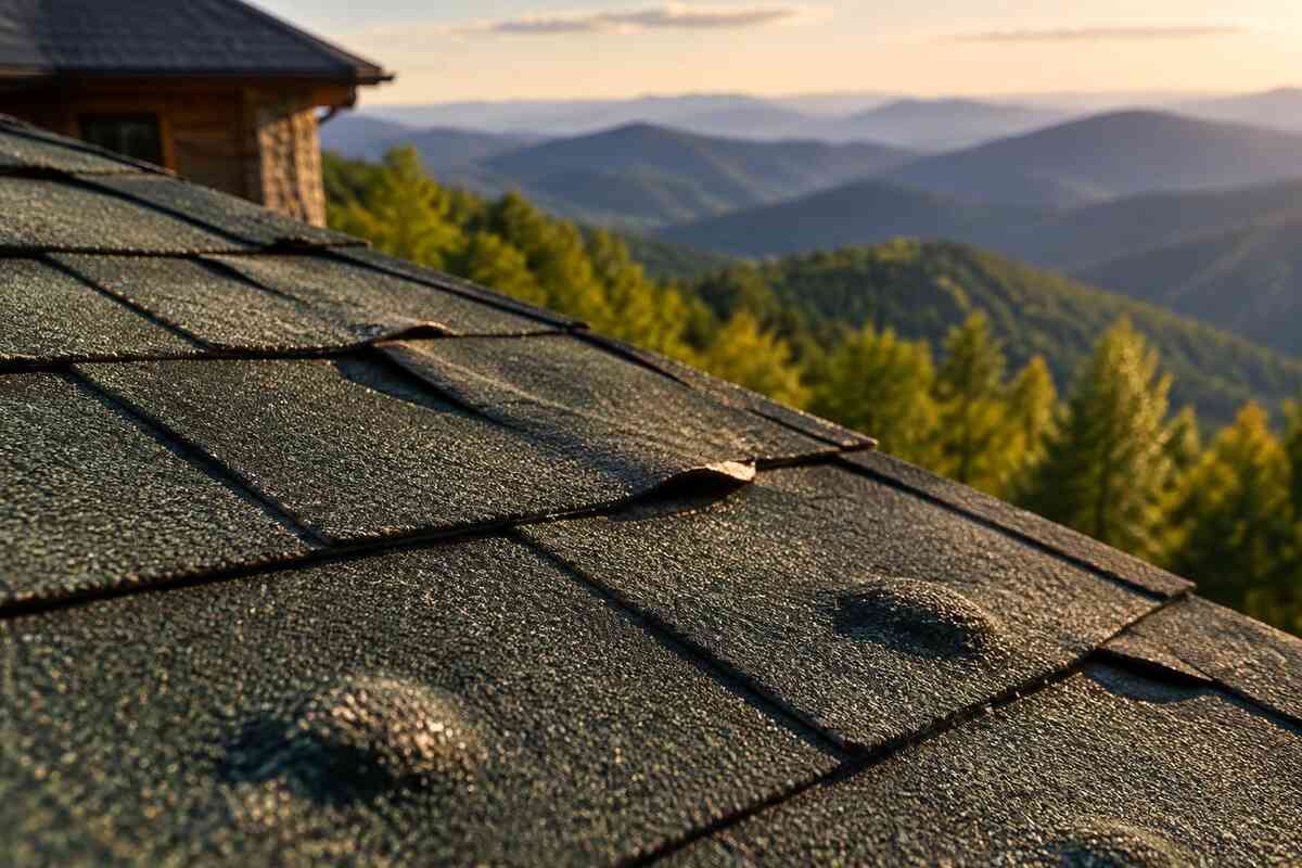 Generated illustration of blistered dimensional shingles on a mountain home roof with Blue Ridge ridges in the background