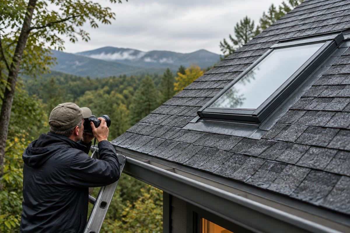 Roofing professional documenting skylight flashing from a stabilized ladder at a Western North Carolina mountain home