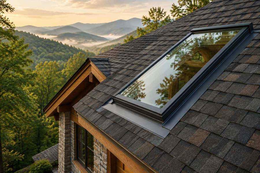 Generated illustration of a new skylight and metal flashing on a shingle-roof mountain home