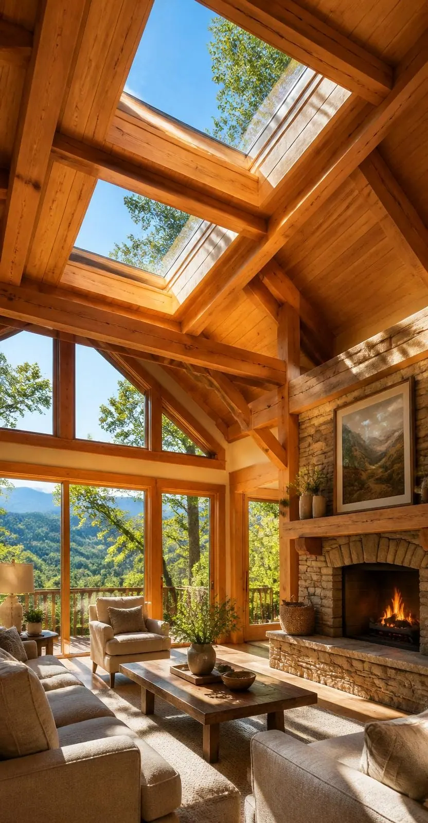 Interior mountain great room with VELUX skylights and warm sunlight in Western North Carolina
