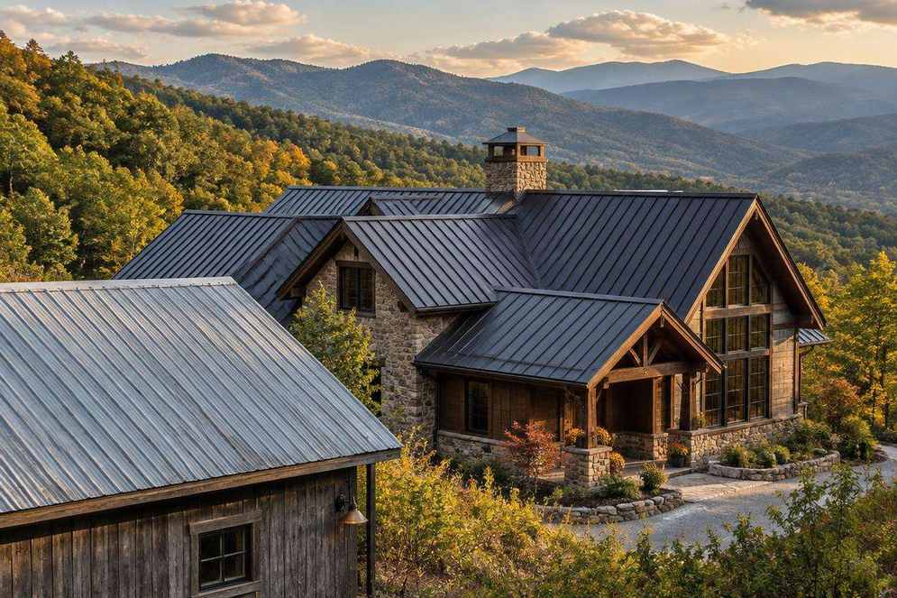 Standing-seam metal roof on a mountain home beside an exposed-fastener metal roof on a workshop in Western North Carolina