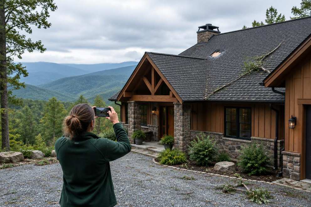 Generated illustration of a homeowner photographing roof damage safely from a driveway