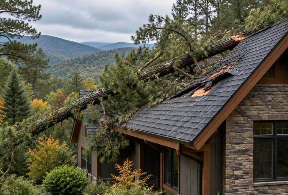 Generated illustration of a fallen pine resting on a damaged shingle roof above forested Blue Ridge ridges