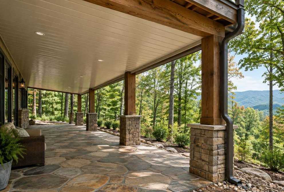 Generated illustration of a drainage ceiling and gutter beneath a mountain home deck with a dry stone patio