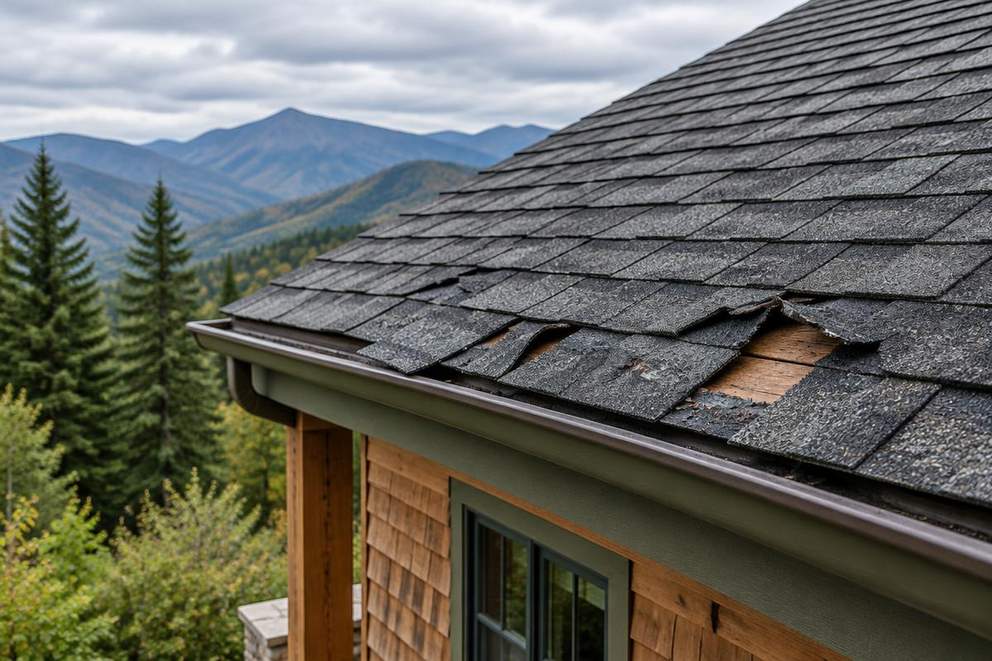 Generated illustration of creased and missing shingles on a mountain home roof