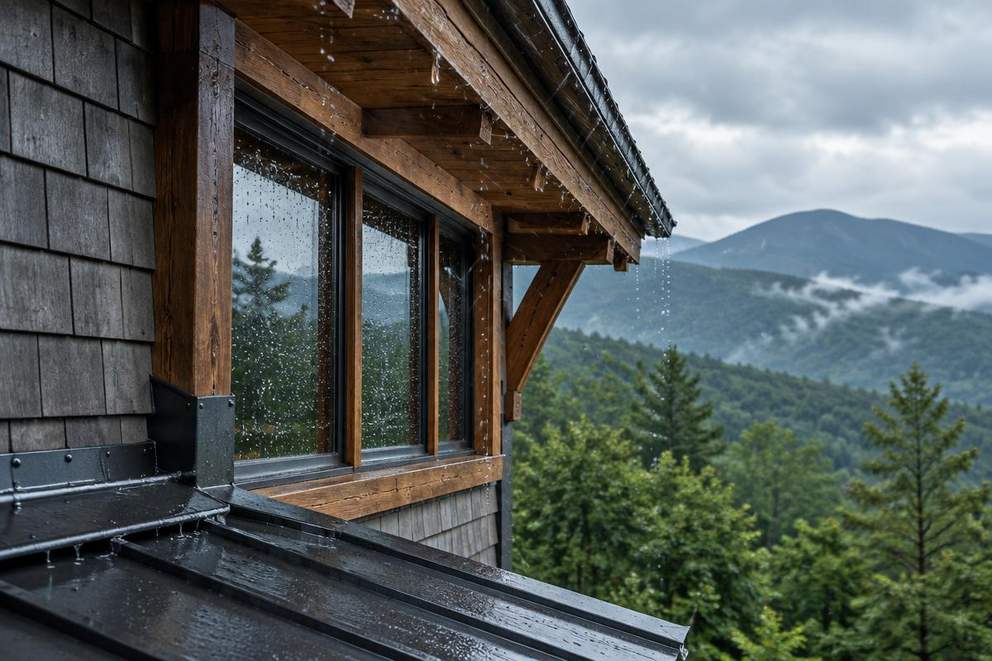 Generated illustration of wind-driven rain at a mountain home window and roof flashing
