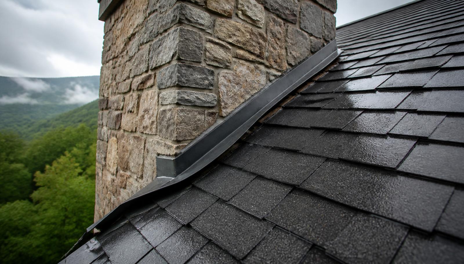 Displaced chimney flashing on a Sylva NC roof after storm damage