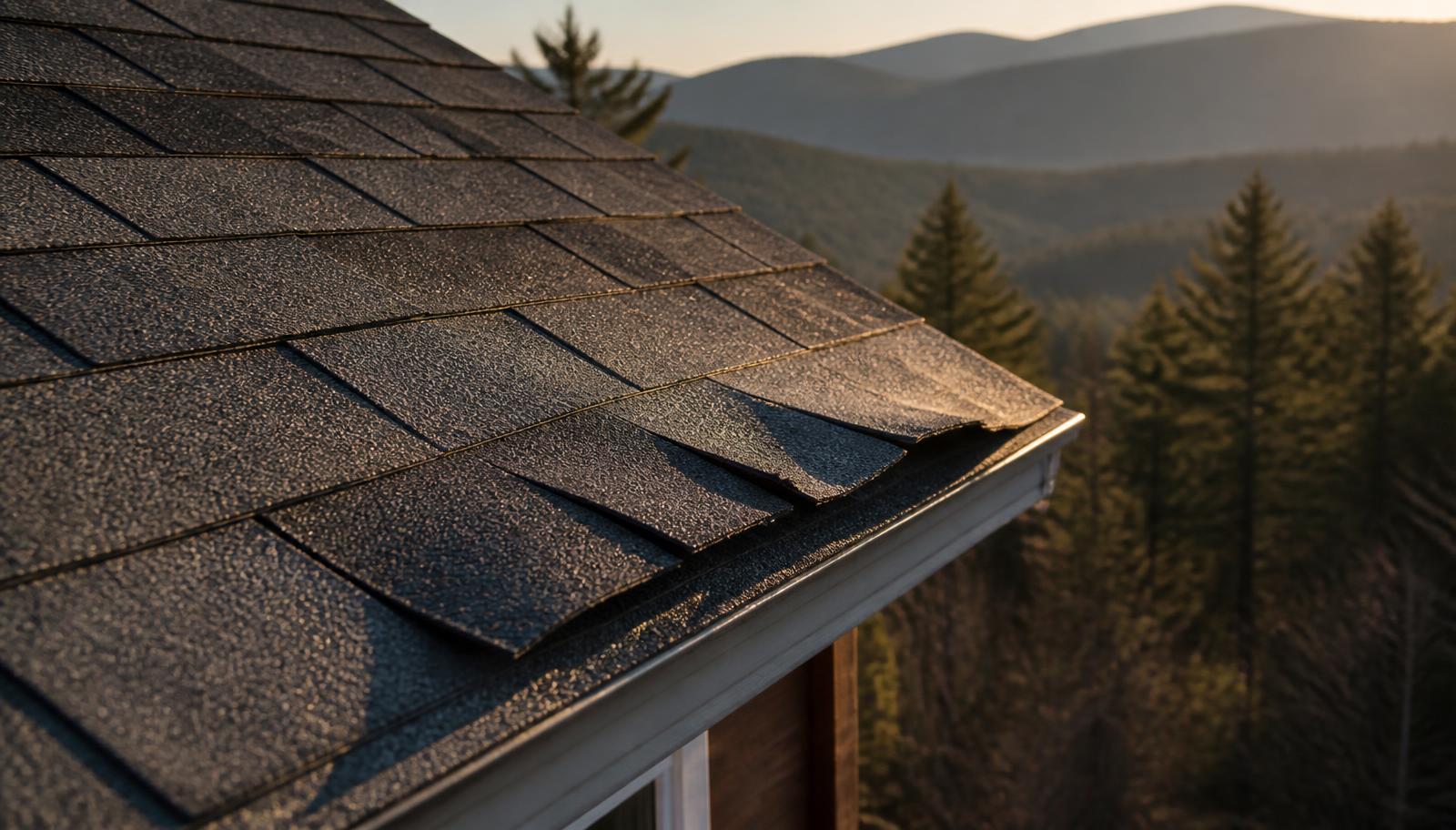 Wind-lifted asphalt shingle tabs on a Franklin NC mountain home roof after summer storm damage